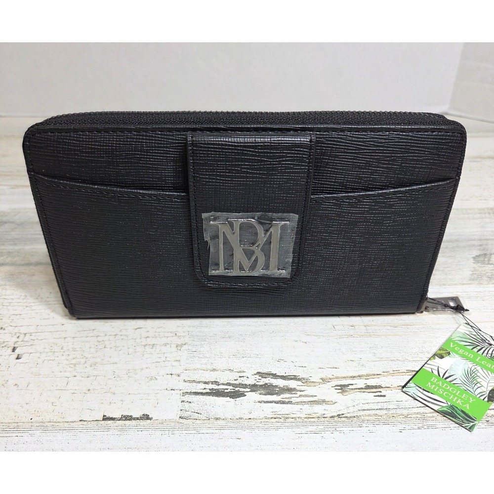 Badgley Mischka Black Vegan Leather Zip Around Long Wallet Clutch NWT